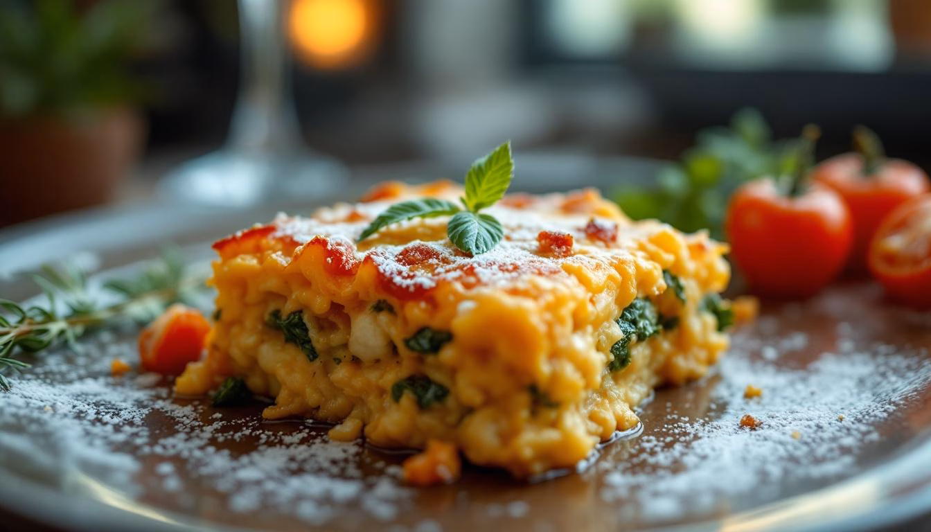 Close-up food photography of Vegetarian Casserole Hyper-realistic 4K photo.