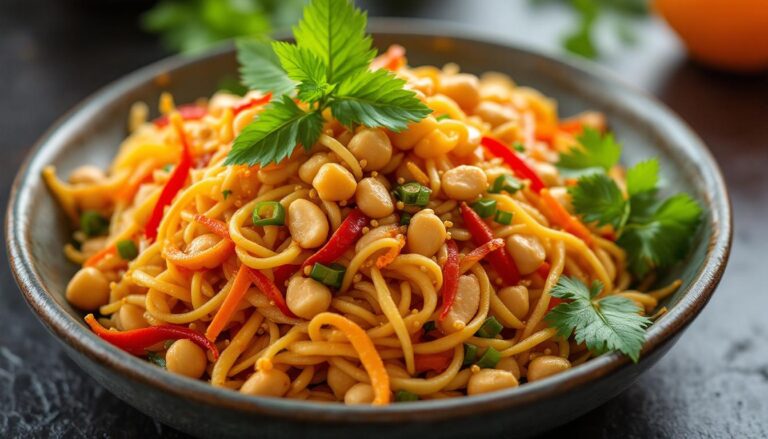 Flavorful Asian noodle salad topped with peanuts, red peppers, and fresh herbs, perfect for healthy meal inspiration.