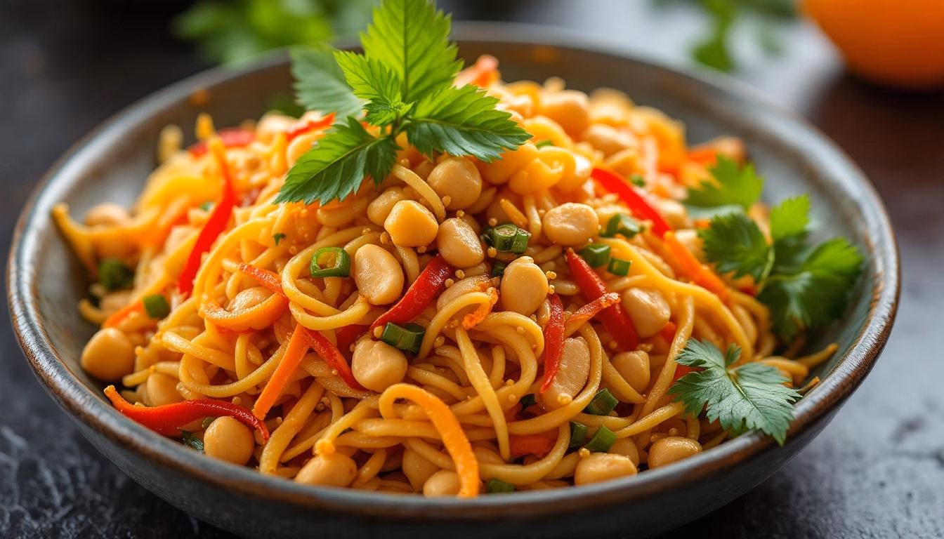 Flavorful Asian noodle salad topped with peanuts, red peppers, and fresh herbs, perfect for healthy meal inspiration.