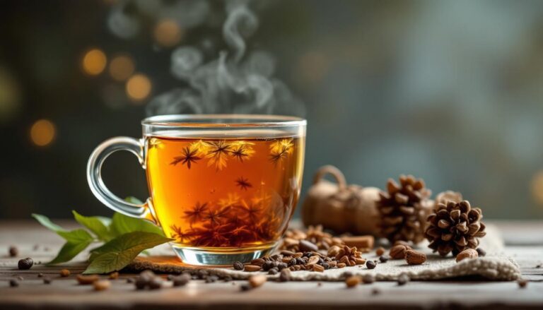 A steaming cup of herbal tea sits on a wooden table, surrounded by spices and pinecones, evoking a cozy ambiance.