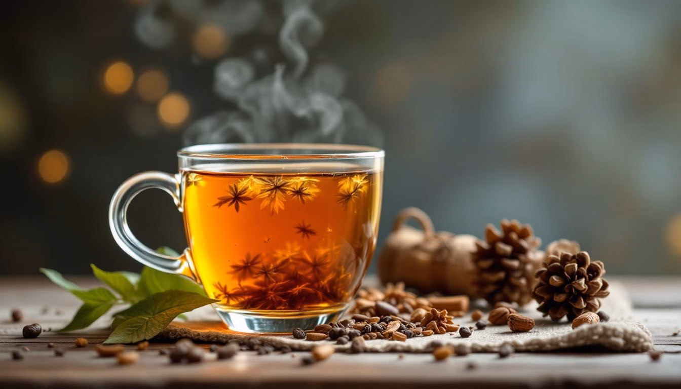 A steaming cup of herbal tea sits on a wooden table, surrounded by spices and pinecones, evoking a cozy ambiance.
