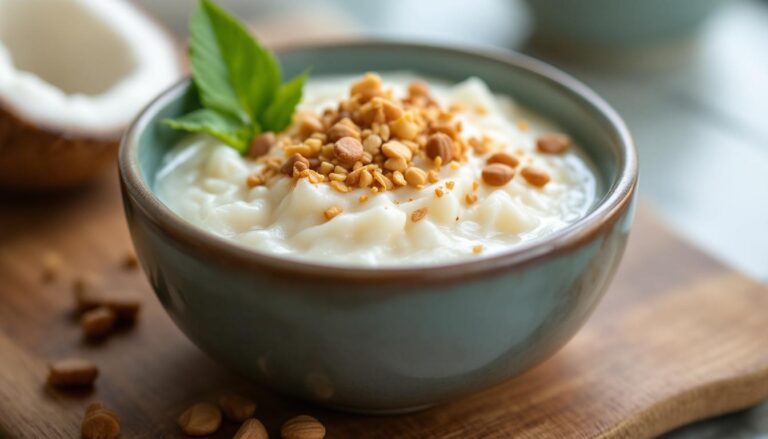 Creamy coconut yogurt topped with crunchy granola and fresh mint, served in a rustic bowl on a wooden cutting board.