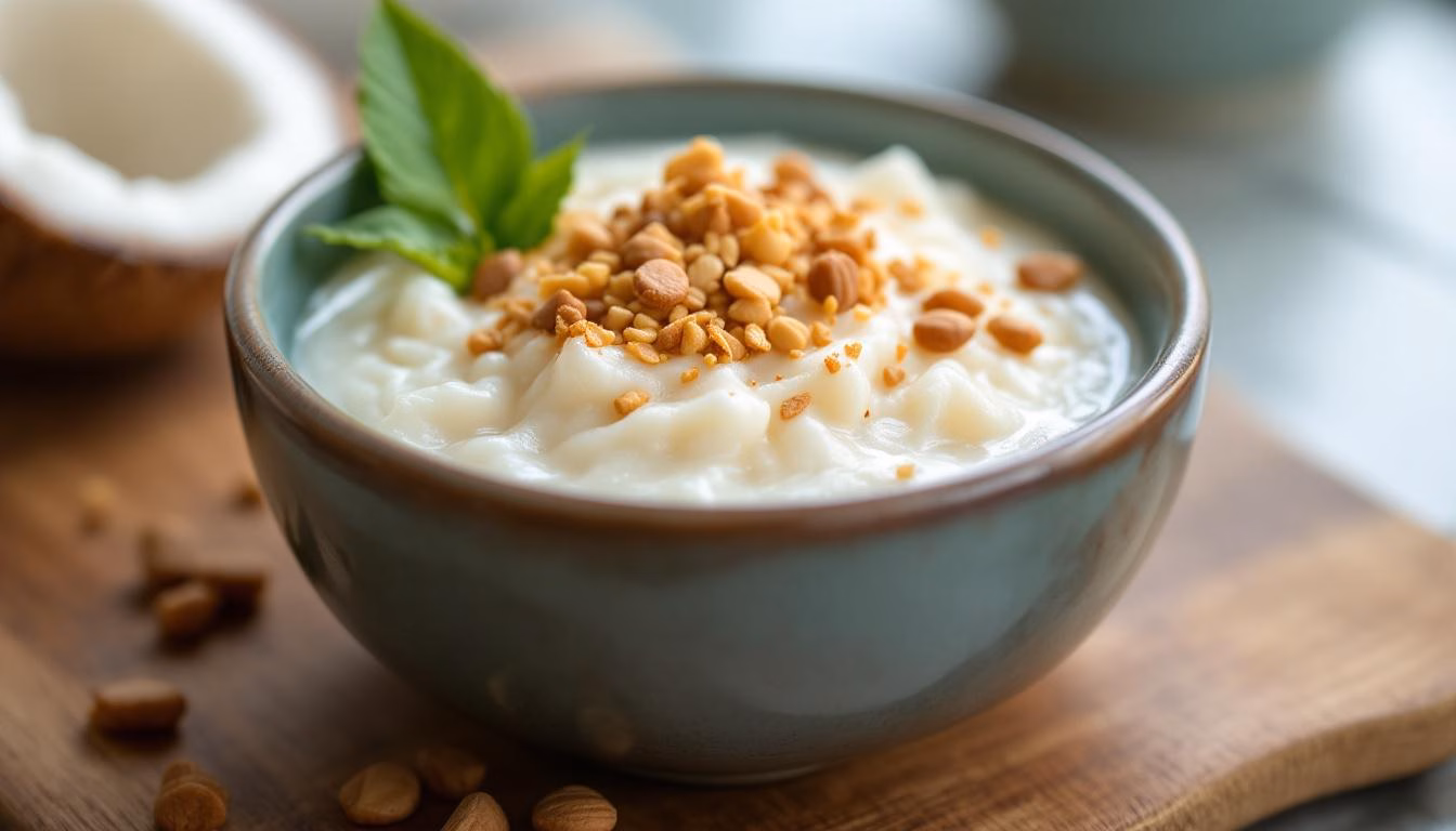 Creamy coconut yogurt topped with crunchy granola and fresh mint, served in a rustic bowl on a wooden cutting board.