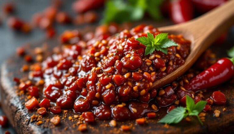 Spicy chili sauce with vibrant red peppers and herbs, perfect for adding flavor to various dishes.
