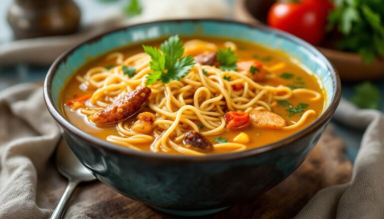 Hearty noodles in a spicy broth topped with shrimp, sausage, and fresh cilantro, perfect for a comforting meal.