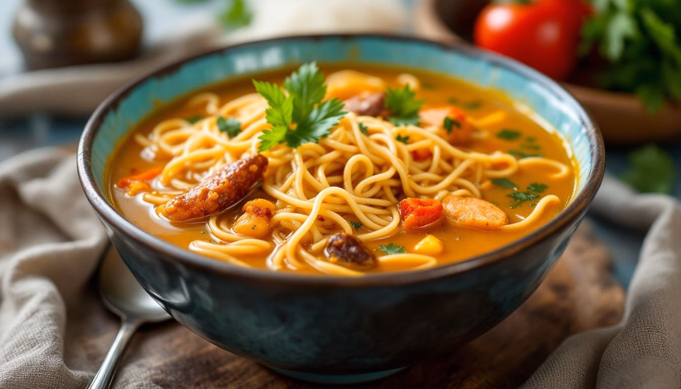 Hearty noodles in a spicy broth topped with shrimp, sausage, and fresh cilantro, perfect for a comforting meal.