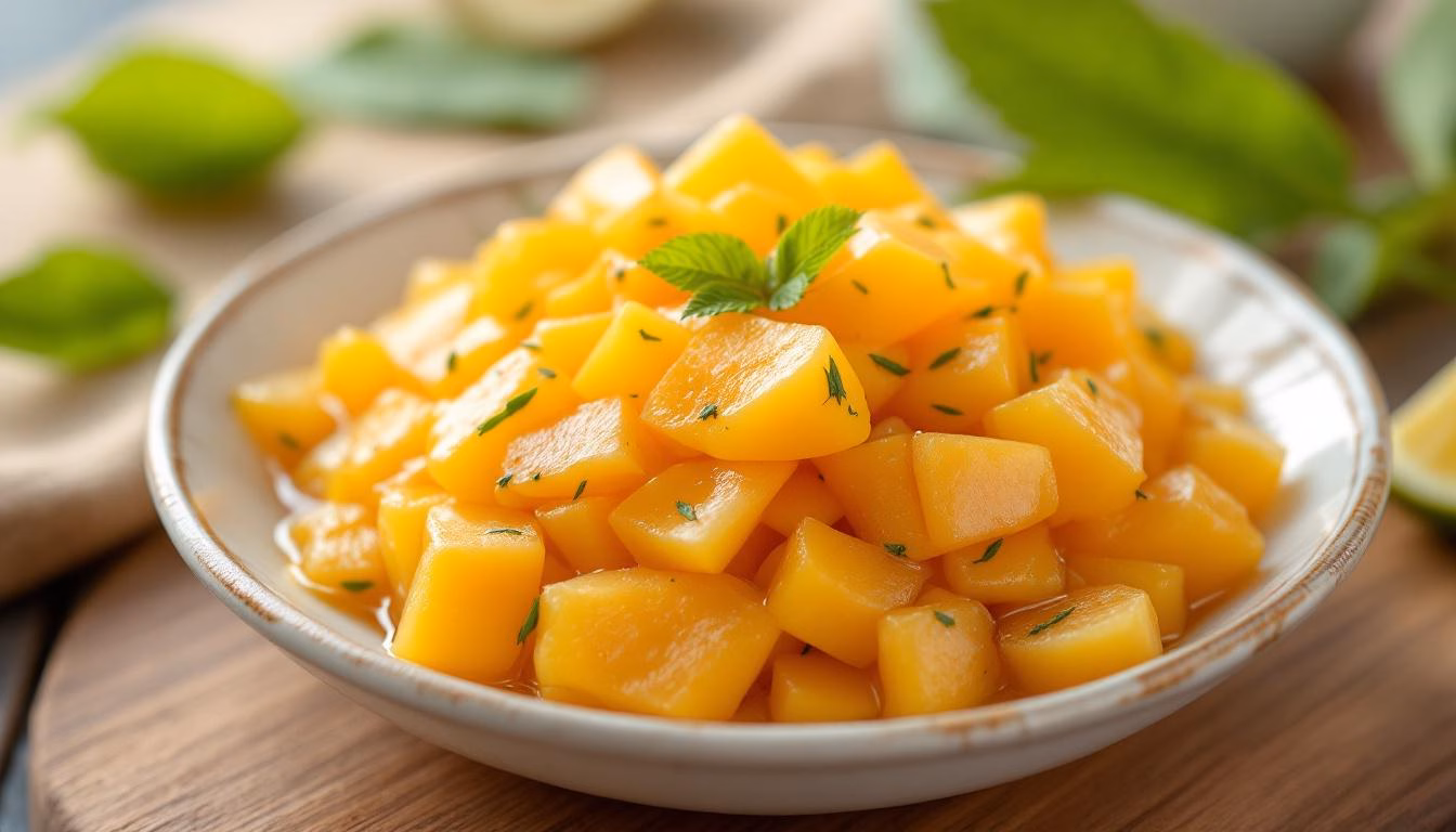 Generate an ultra-realistic close-up food photography of Javanese Asinan Buah (Indonesian Pickled Mango from Bogor). Hyper-realistic 4K photo.
