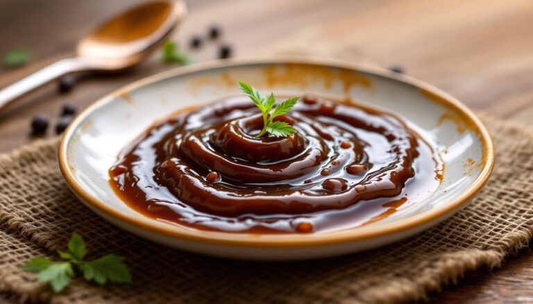 Rich barbecue sauce artfully swirled on a plate, garnished with fresh herbs, perfect for enhancing grilled dishes.