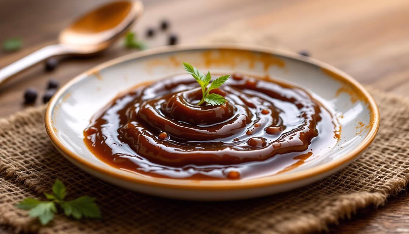 Rich barbecue sauce artfully swirled on a plate, garnished with fresh herbs, perfect for enhancing grilled dishes.