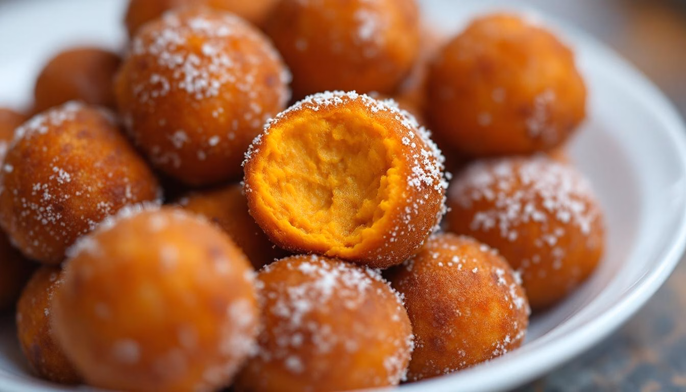 Golden doughnut holes dusted with powdered sugar, showcasing a soft pumpkin filling for a delicious autumn treat.