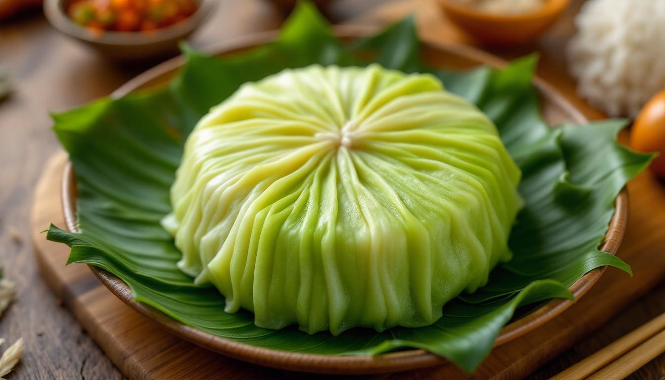 Delicious steamed dumpling shaped like a cabbage, served on a banana leaf with fresh ingredients in the background.