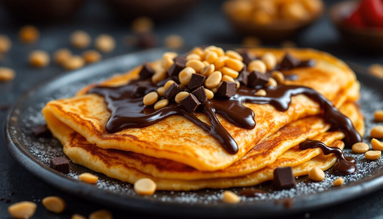 Savory pancakes topped with rich chocolate sauce, crunchy peanuts, and chocolate chunks, perfect for a delicious breakfast treat.