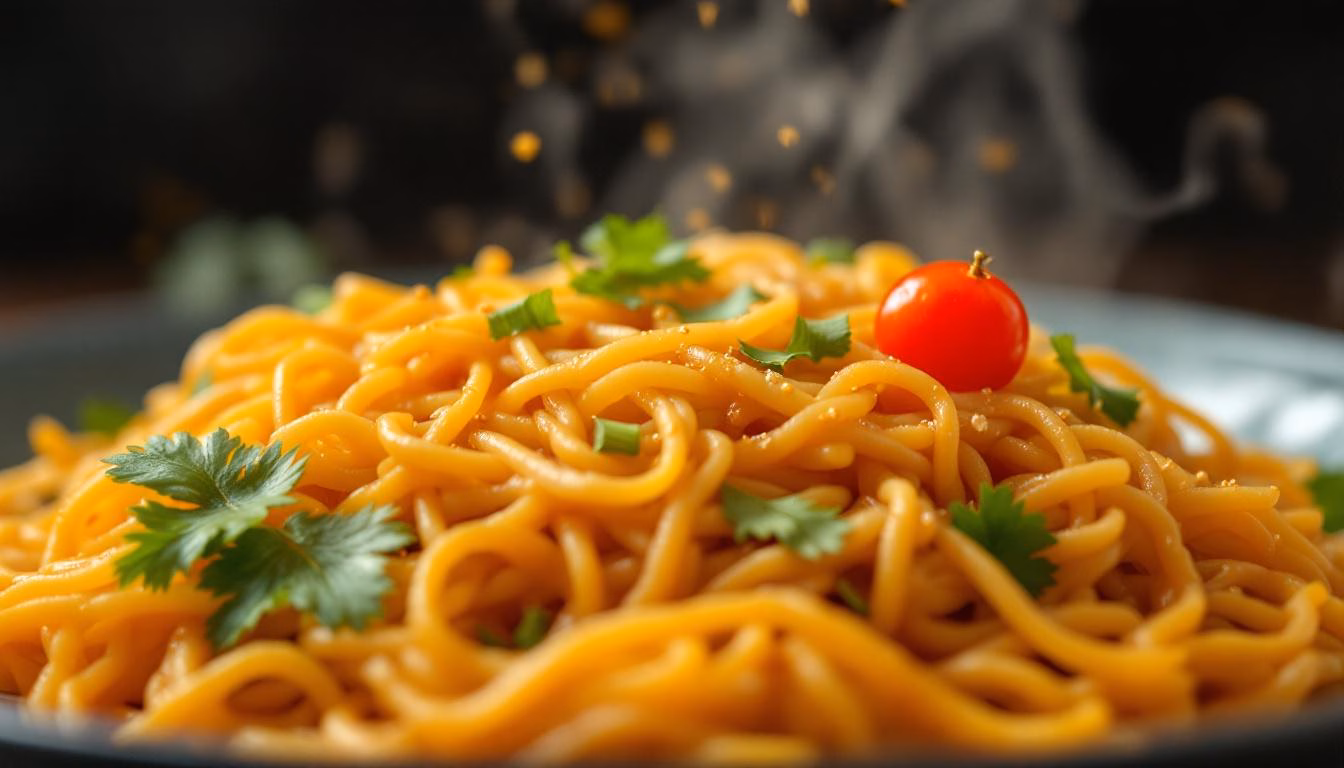 Flavorful stir-fried noodles topped with fresh cilantro and a cherry tomato, evoking a delicious Asian-inspired meal.