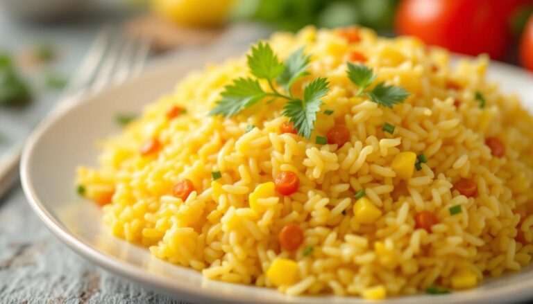 Vibrant yellow rice dish garnished with cilantro, featuring colorful vegetables for a flavorful and nutritious meal.