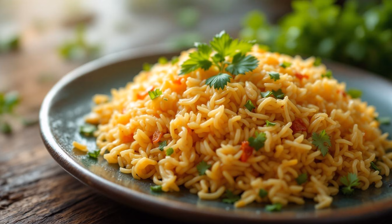 Flavorful, fluffy yellow rice garnished with fresh cilantro, perfect for a vibrant side dish or main course.