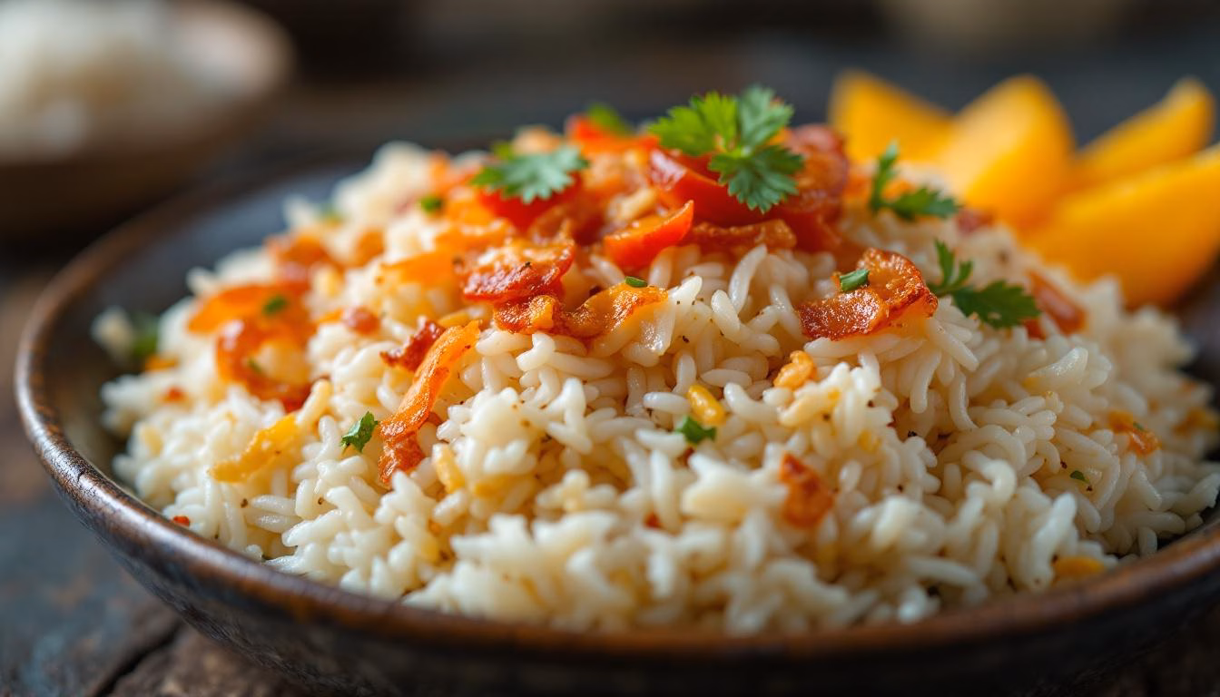Fragrant basmati rice topped with crispy onions, vibrant tomatoes, and fresh herbs, served with a side of sweet mango slices.