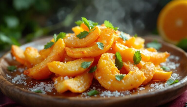 Delicious seasoned sweet potato slices garnished with fresh cilantro and a sprinkle of salt on a wooden plate.