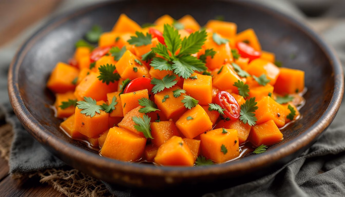 Vibrant diced butternut squash with cilantro and red chili, perfect for a healthy autumn dish or side.