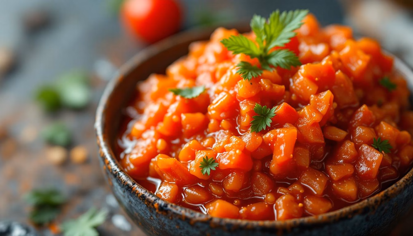 Savory diced tomato salsa topped with fresh cilantro, perfect for enhancing dishes or enjoying with tortilla chips.