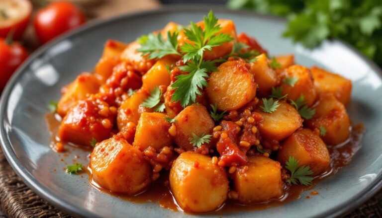 Spicy diced potatoes garnished with fresh cilantro, served in a rich tomato sauce on a rustic plate.