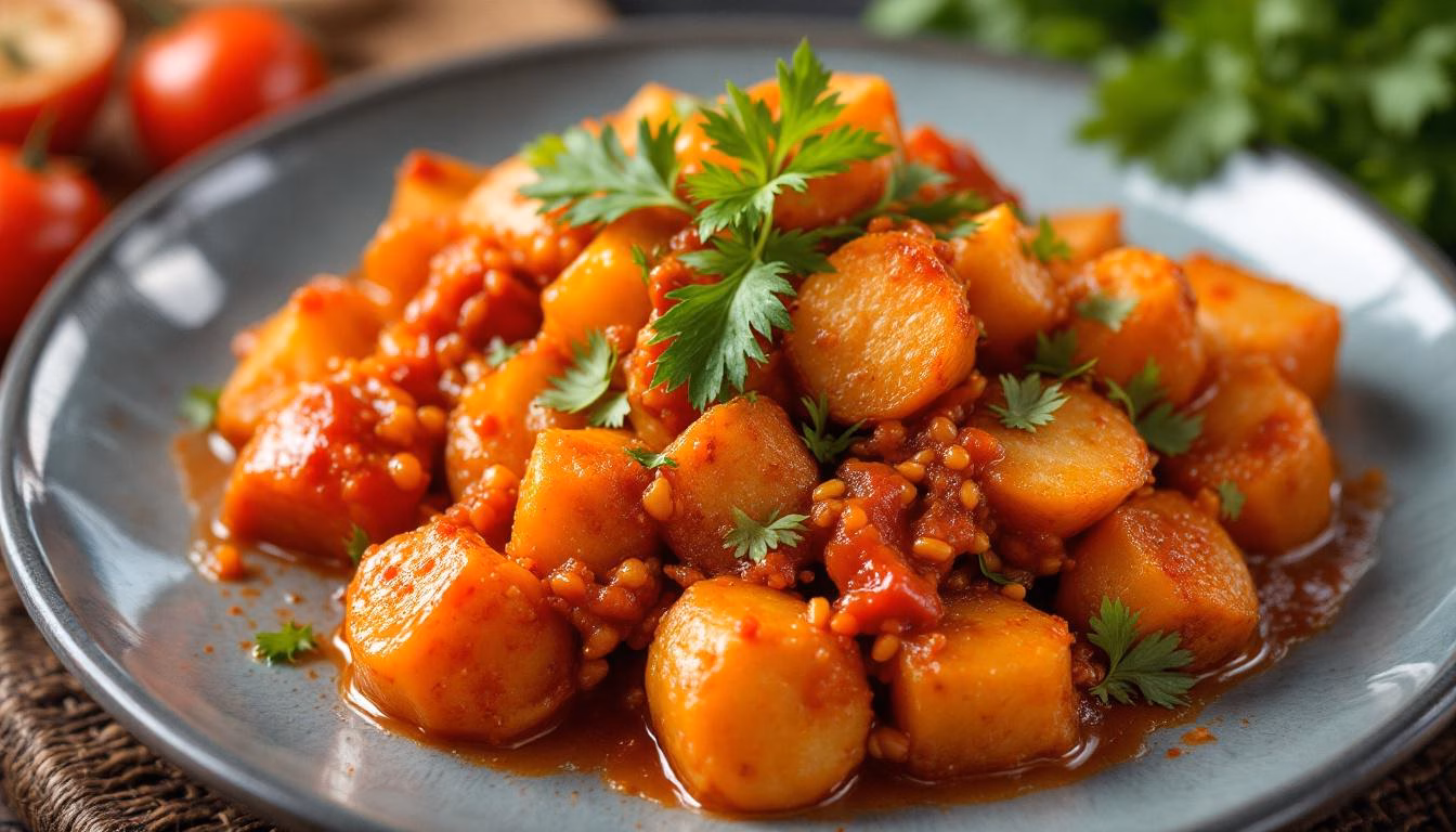 Spicy diced potatoes garnished with fresh cilantro, served in a rich tomato sauce on a rustic plate.