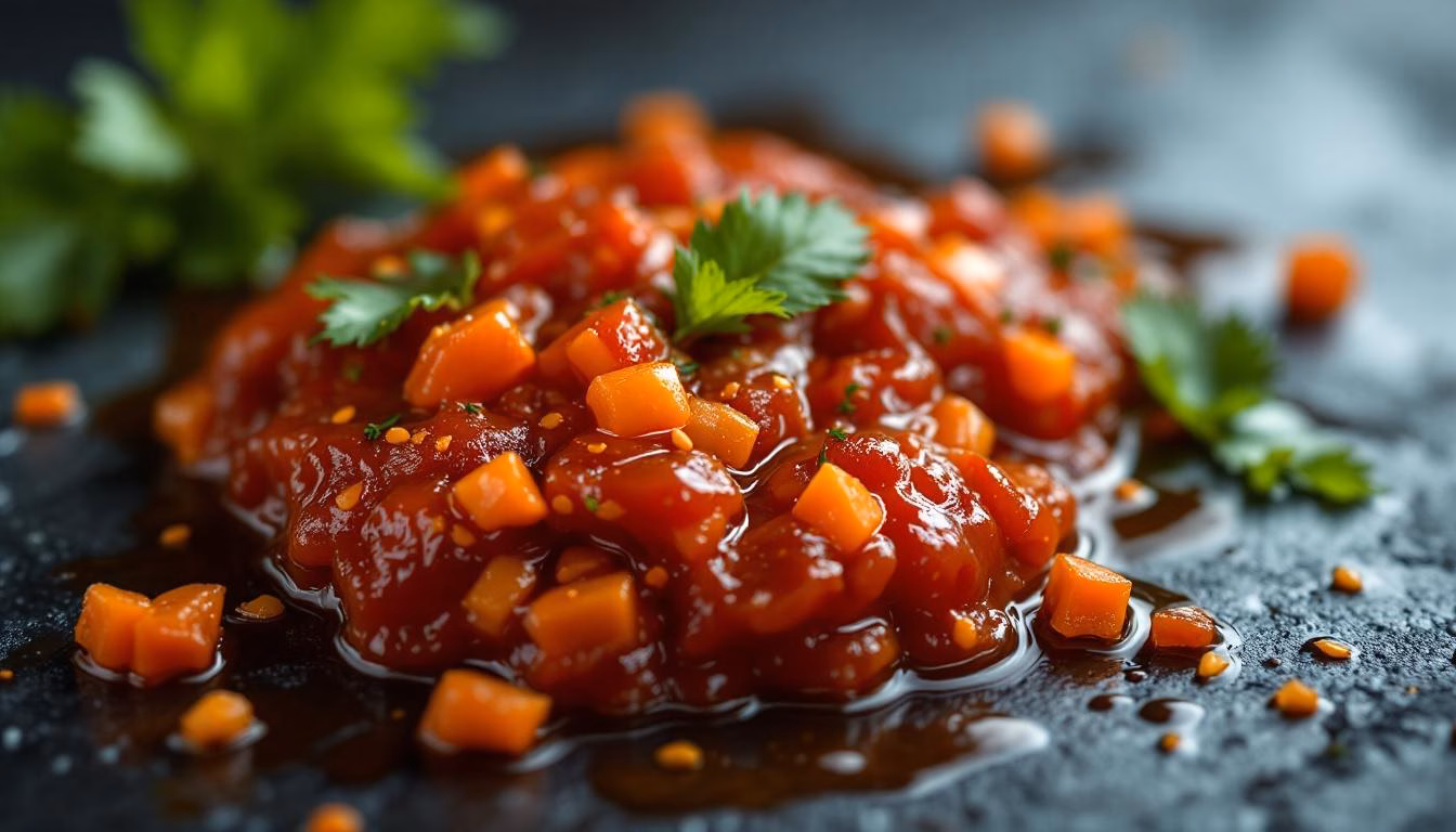Delicious ketchup enhanced with diced carrots and fresh cilantro, perfect for adding flavor to your favorite dishes.