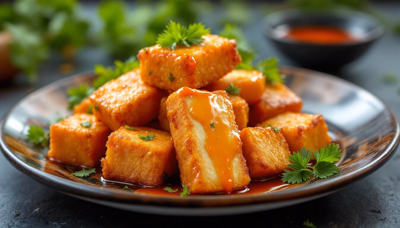 Crispy fried tofu cubes drizzled with spicy sauce and garnished with fresh cilantro on a dark plate.