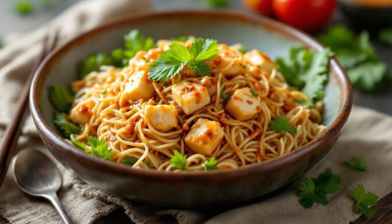 Delicious stir-fried noodles topped with tofu and fresh cilantro, served in a rustic bowl, perfect for a comforting meal.