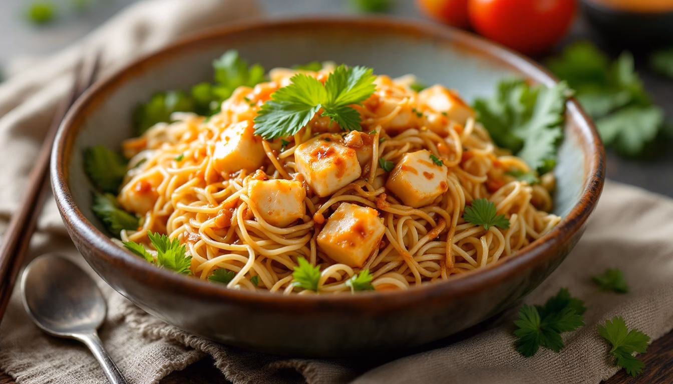 Delicious stir-fried noodles topped with tofu and fresh cilantro, served in a rustic bowl, perfect for a comforting meal.