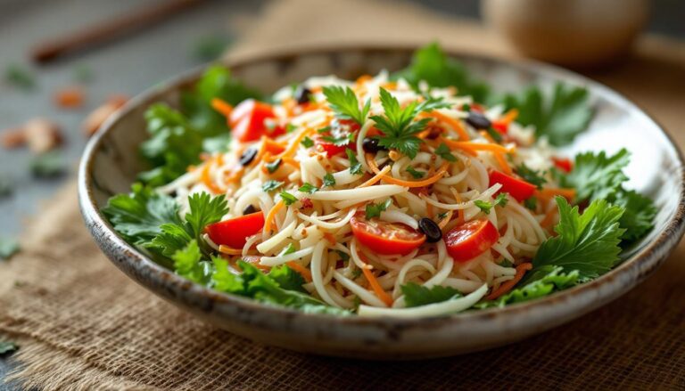 Fresh vegetable noodle salad topped with cherry tomatoes and cilantro, perfect for a healthy, vibrant meal.
