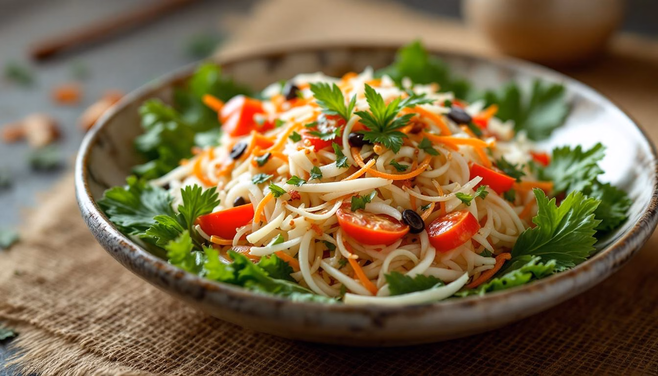 Fresh vegetable noodle salad topped with cherry tomatoes and cilantro, perfect for a healthy, vibrant meal.