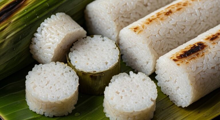 Delicious steamed dumpling shaped like a cabbage, served on a banana leaf with fresh ingredients in the background.