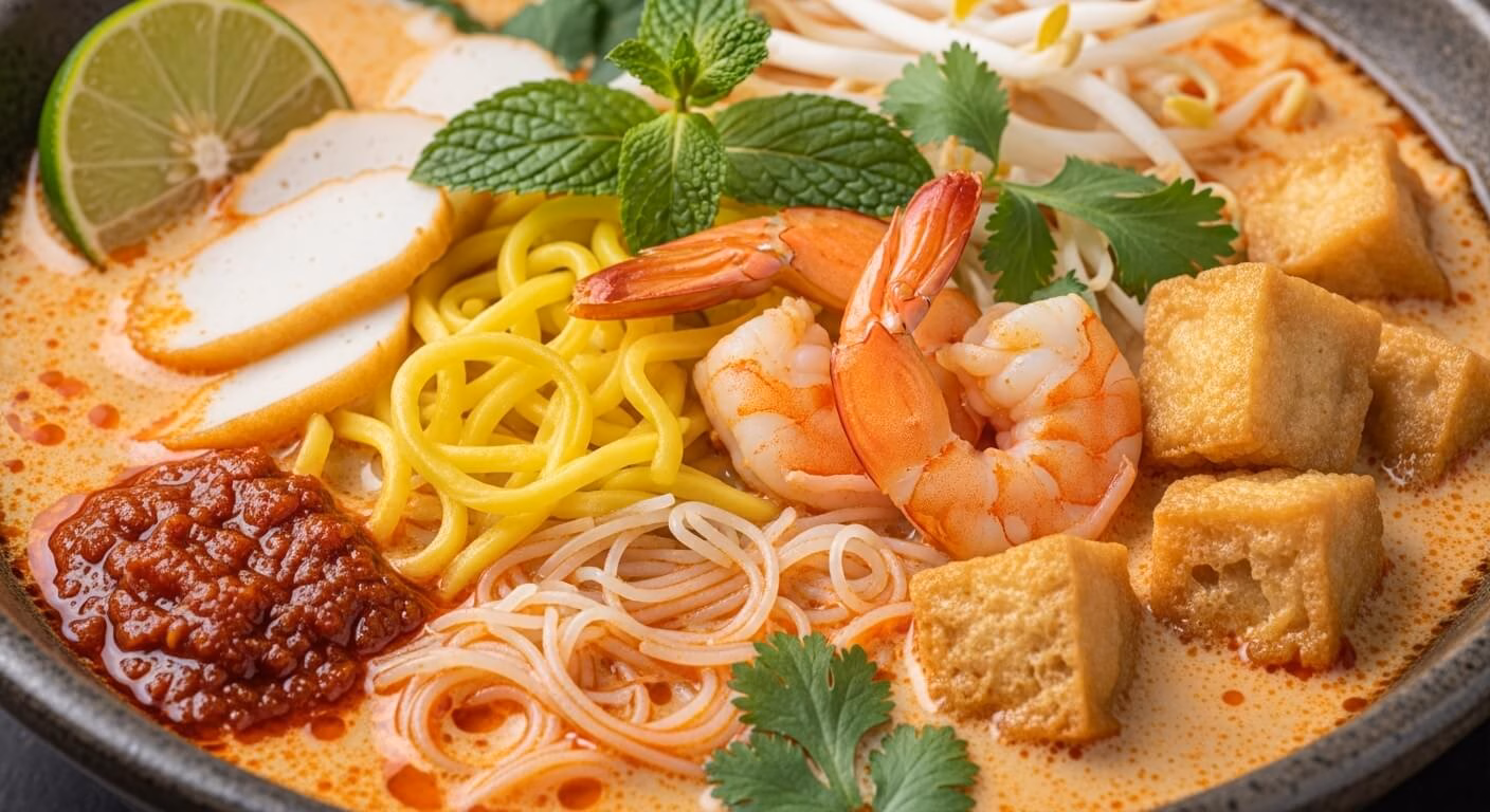 Hearty noodles in a spicy broth topped with shrimp, sausage, and fresh cilantro, perfect for a comforting meal.