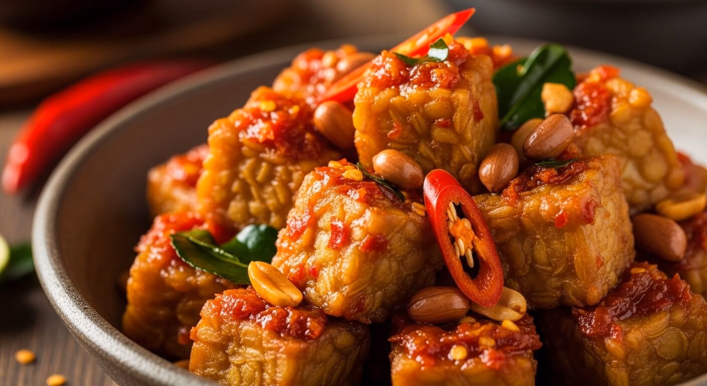 Hearty diced squash and red peppers simmered in a savory tomato sauce, garnished with fresh cilantro in a rustic setting.