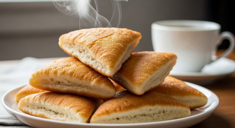 Fluffy, golden fried bread rolls stacked, emitting steam, served with a cup of coffee for a cozy breakfast experience.