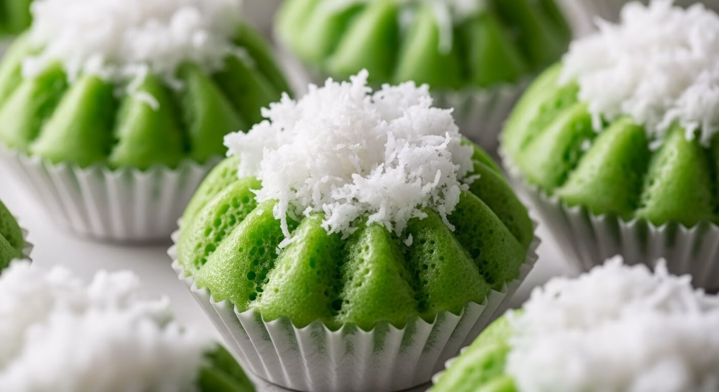 Delicious coconut dessert with a soft outer layer and sweet green apple filling, garnished with mint leaves and pine nuts.