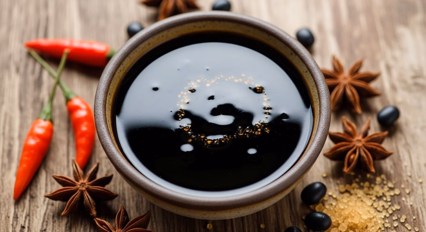 Rich barbecue sauce artfully swirled on a plate, garnished with fresh herbs, perfect for enhancing grilled dishes.