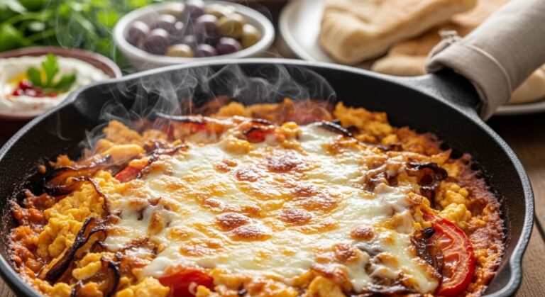 Sizzling shakshuka with melted cheese, vegetables, and spices, served in a cast iron skillet alongside fresh bread.