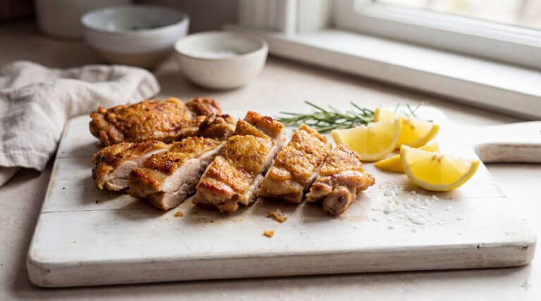 Sliced crispy chicken on a wooden board, garnished with lemon wedges and rosemary for a delicious meal presentation.