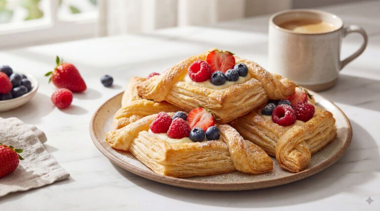 Flaky fruit pastries topped with fresh berries and a cup of coffee create a delightful breakfast scene.