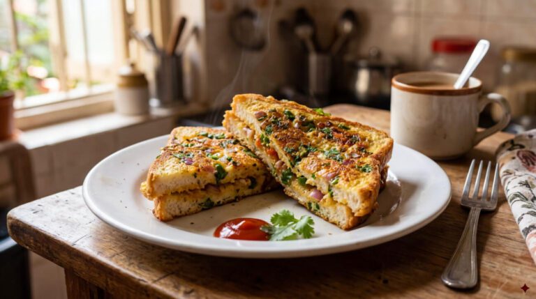 Delicious stuffed bread with vegetables served alongside ketchup and a cup of coffee on a rustic kitchen table.