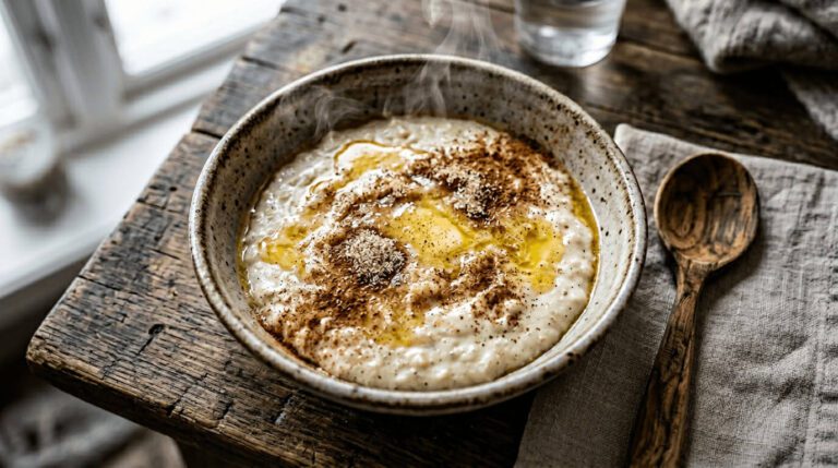 Warm bowl of creamy oatmeal drizzled with honey and topped with cinnamon, perfect for a cozy breakfast experience.
