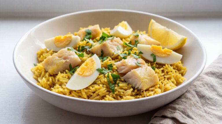 Flavorful turmeric rice topped with tender fish, sliced eggs, fresh herbs, and lemon, perfect for a satisfying meal.