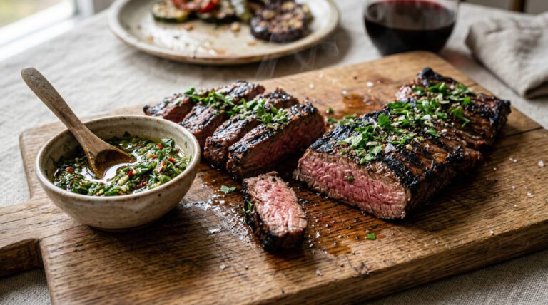 Juicy grilled steak sliced and garnished with fresh herbs, served with a vibrant chimichurri sauce on a rustic wooden board.